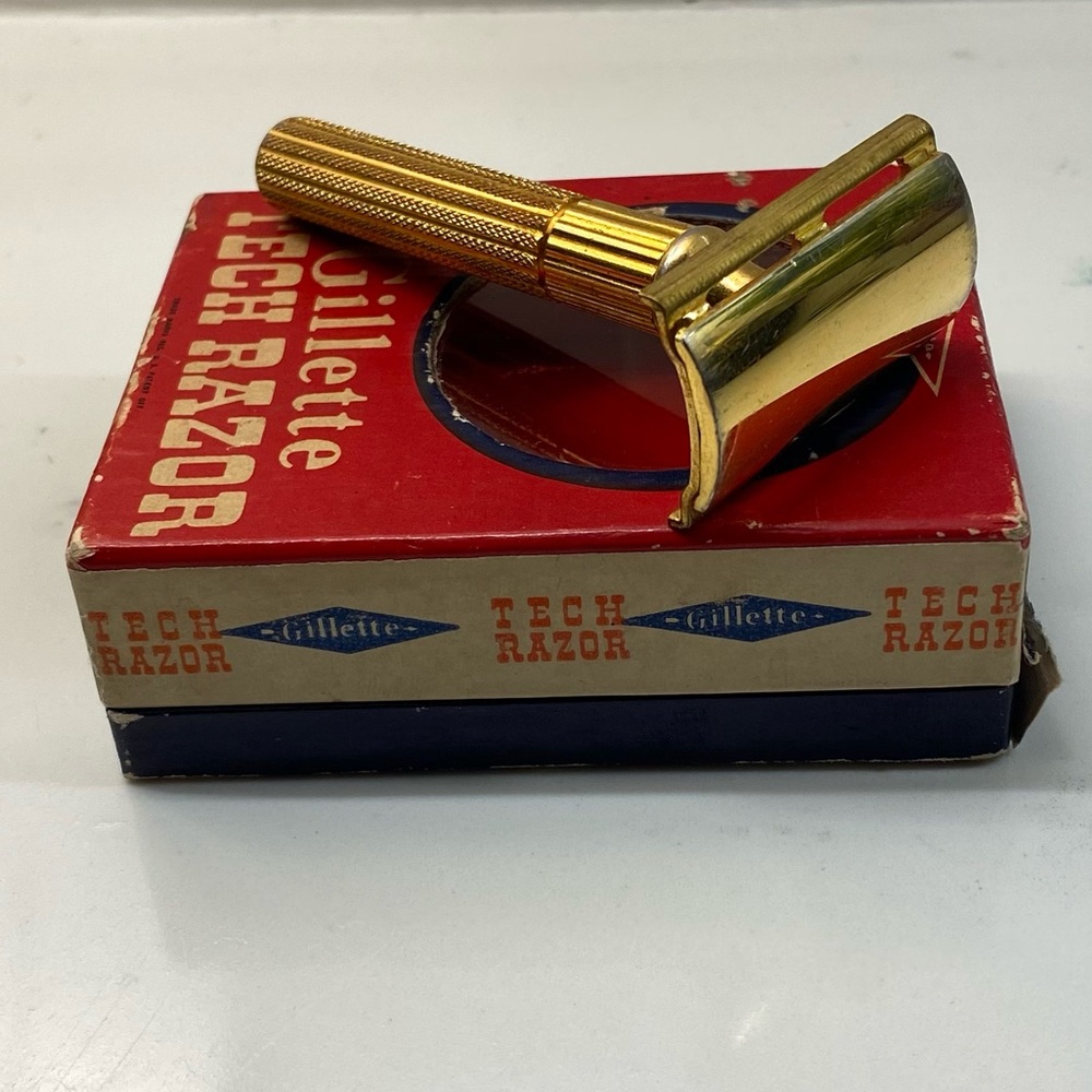 Vintage 3 piece Gold Gillette Fat Handle Tech and original Box - Picture 1 of 13
